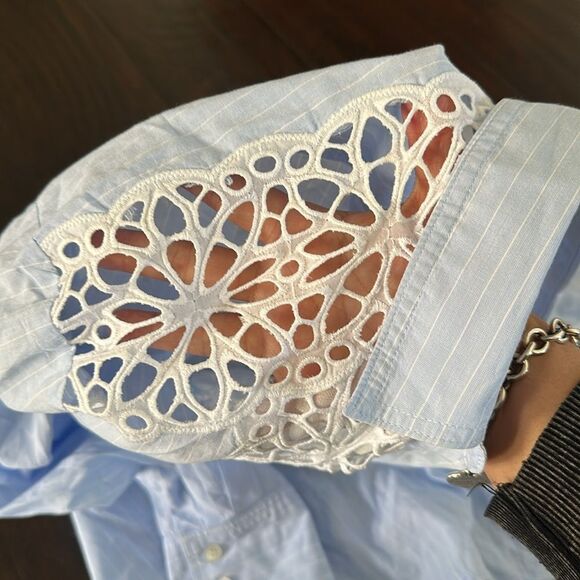 Sandro Blue White Strip Lace Insert Long Sleeve Button Down Blouse Shirt size 2 - Picture 9 of 15